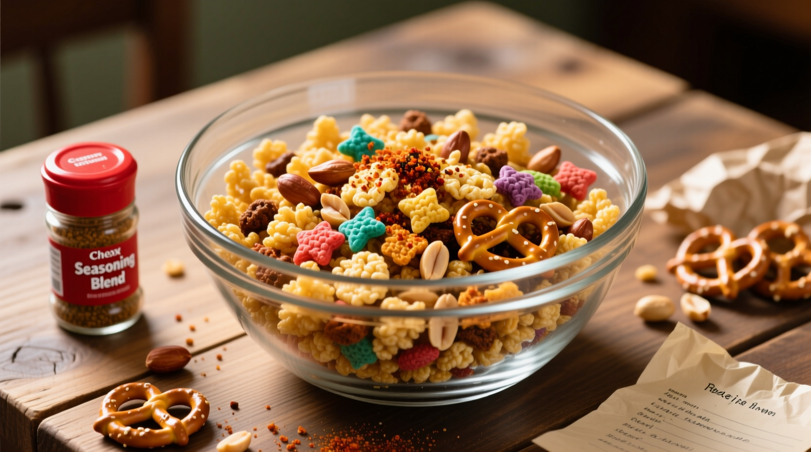 Perfectly seasoned homemade Chex Mix in a glass bowl