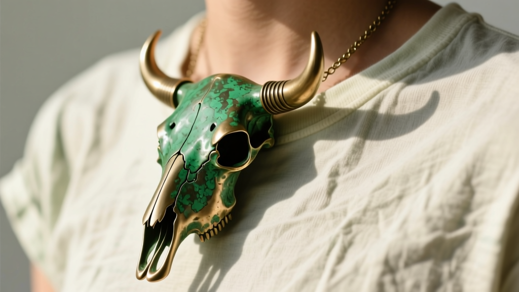 Side profile of a cast brass cow skull necklace showing green patina, worn over a faded vintage t-shirt in bright sunlight.