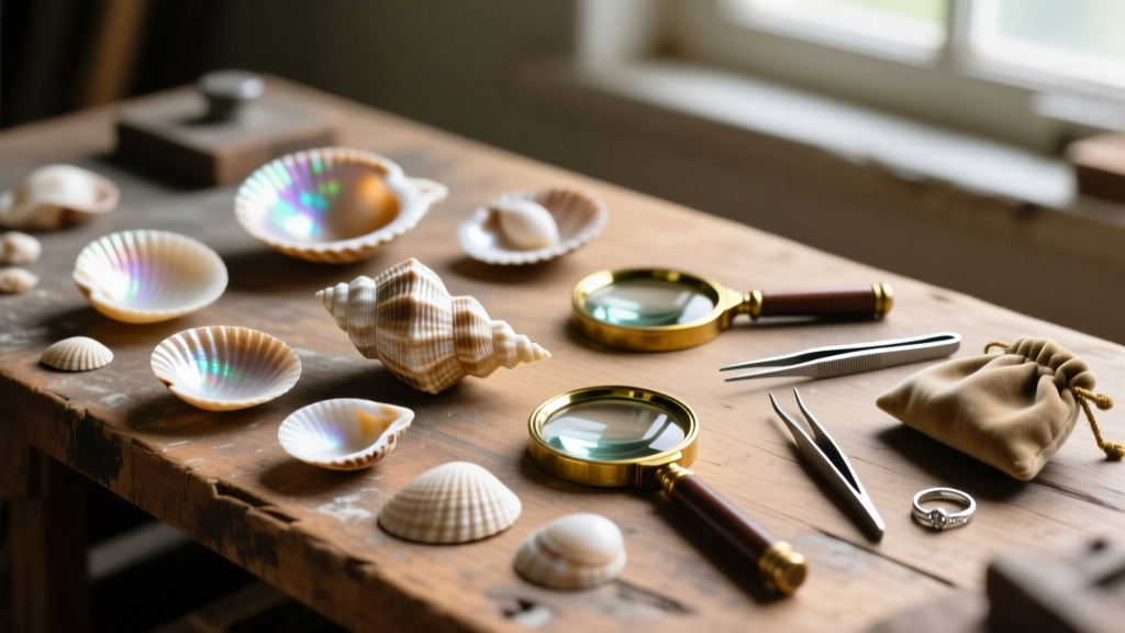 Flat lay of raw cowrie and puka shells on a rustic wooden workbench next to a jeweler