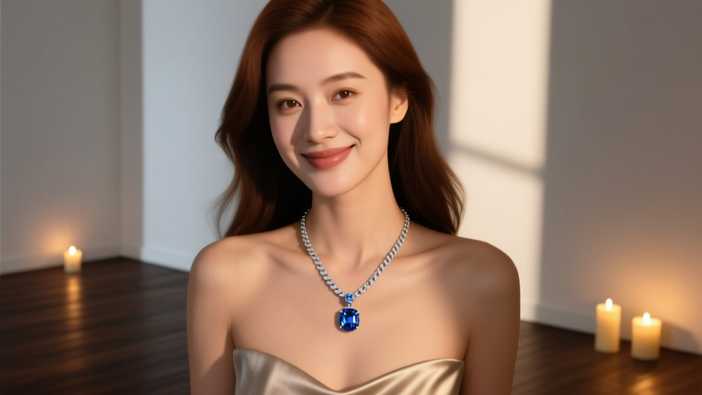 Woman wearing an 18-inch platinum chain with a bezel-set blue sapphire pendant, smiling softly in dim, romantic candlelight