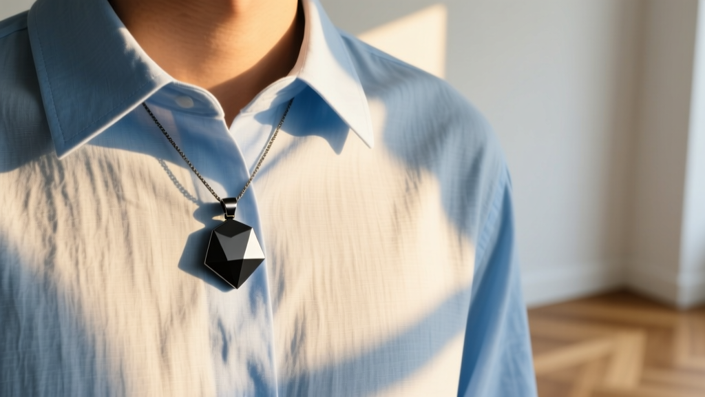 Geometric matte-black titanium pendant hanging at the sternum over a light blue linen spread-collar shirt in warm sunlight.
