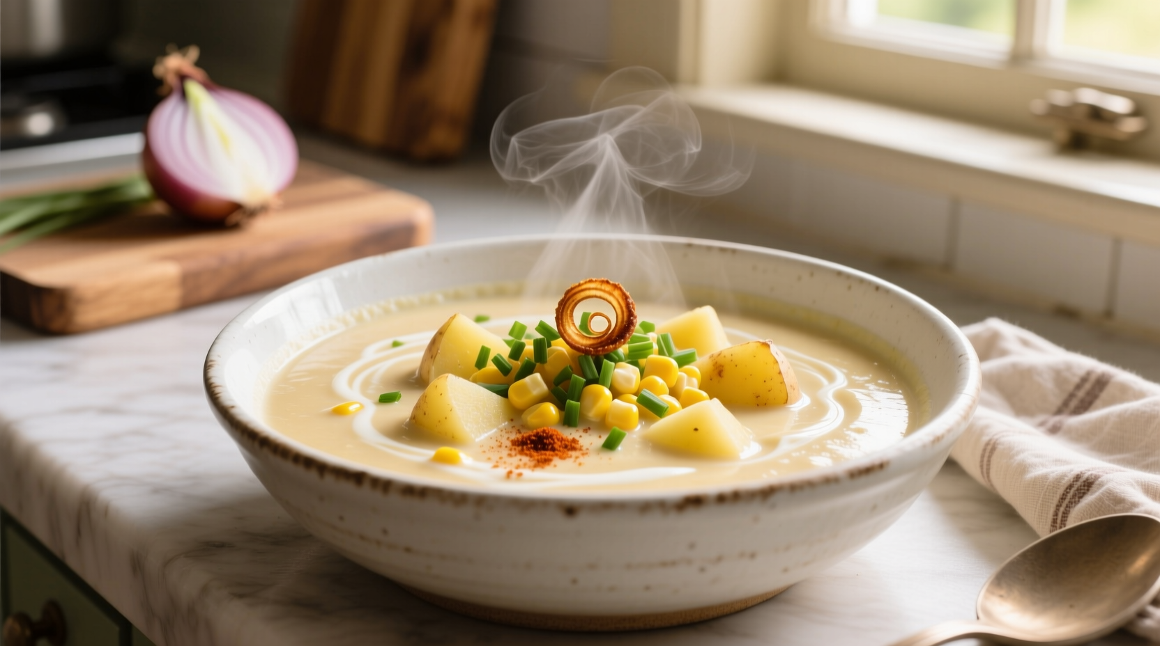 Creamy potato corn chowder in white bowl with garnish