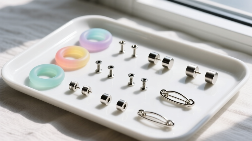 Overhead flat lay of various earring backs including silicone O-rings, titanium screw-backs, and locking clasps on sterile tray