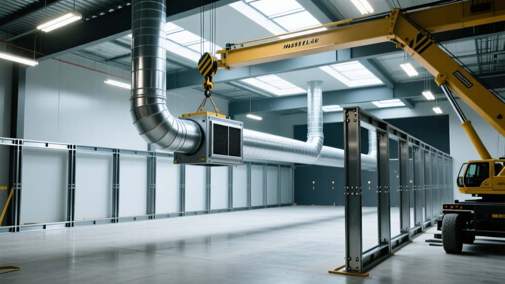 Commercial indoor gun range construction site showing heavy-duty HVAC ductwork installation and steel bullet trap framing under bright work lights