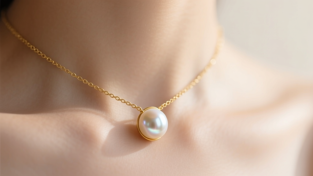 Close-up of a 1mm gold chain with a 5mm pearl necklace pendant resting on a collarbone under soft lighting.
