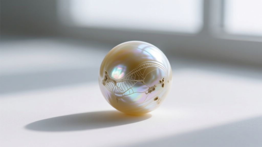 Macro photography of a saltwater pearl surface revealing microscopic etching and dullness caused by acidic skin oils and cosmetic buildup