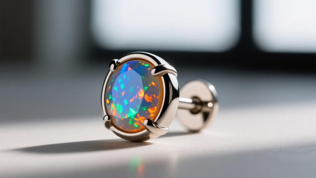 Macro shot of a 16-gauge titanium bezel-set opal cartilage earring, highlighting the secure metal rim protecting the soft gem.