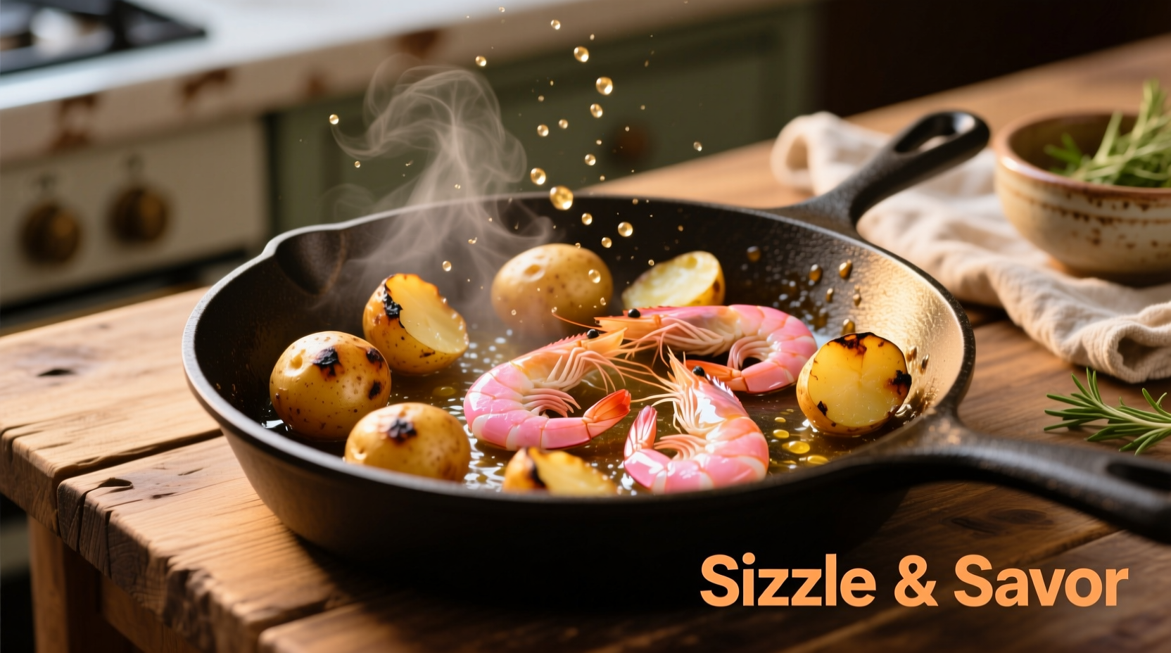 Golden potatoes and pink shrimp sizzling in cast iron skillet