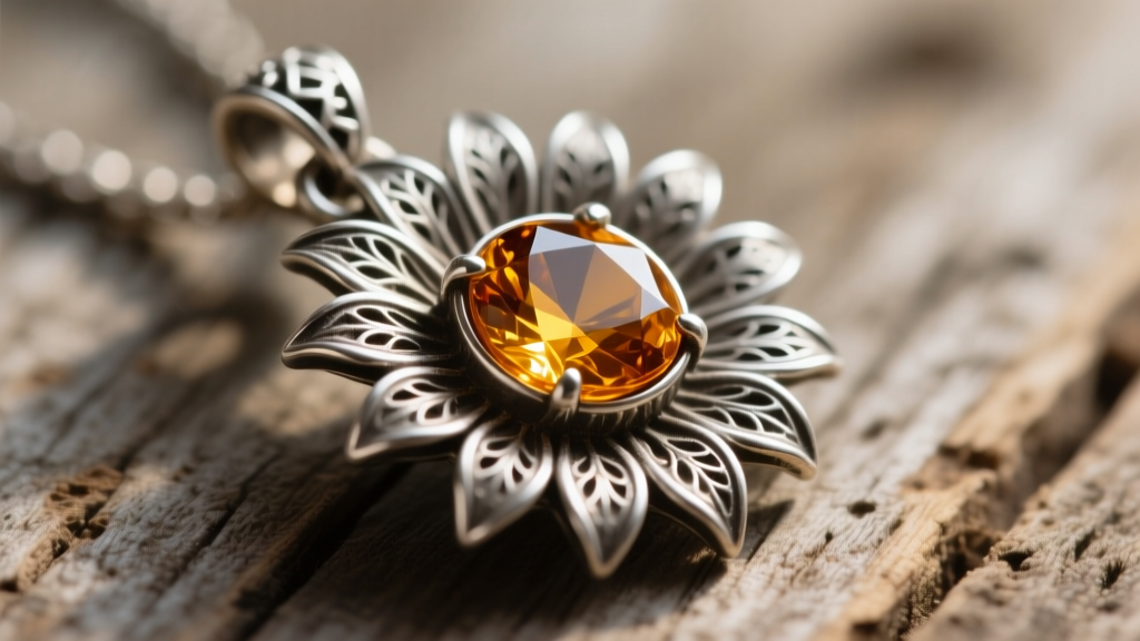 Macro of an oxidized sterling silver sunflower pendant on wood, showing textured petals and a citrine center under warm lighting.