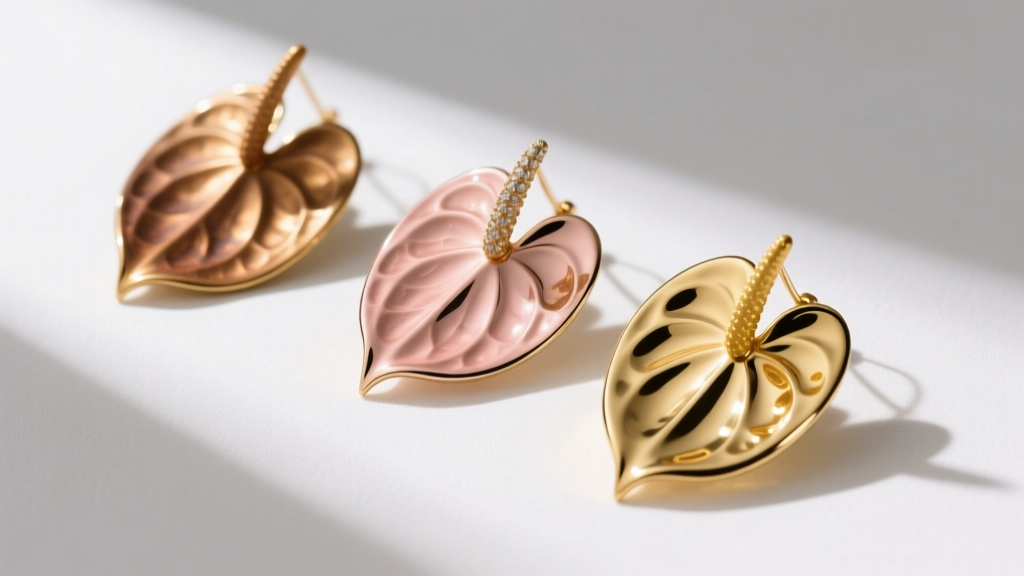 Flat lay of three anthurium earrings in brass, vermeil, and solid gold, showing the distinct color and texture differences clearly.