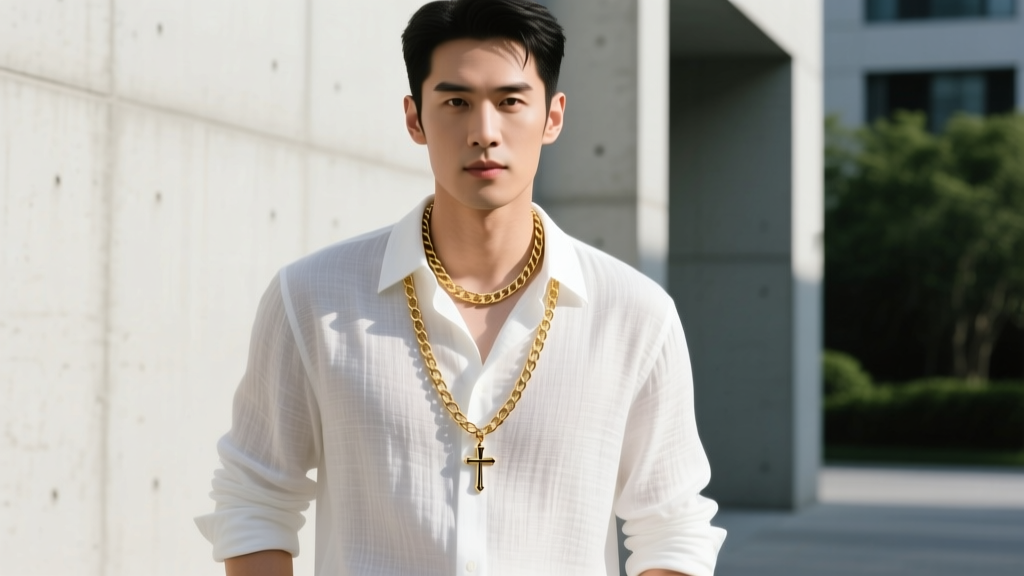 Stylish man wearing a layered 4mm gold chain and small cross pendant over a crisp white linen button-down shirt in natural daylight.