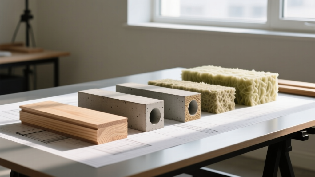 Cross-laminated timber, high-strength concrete cores, and mineral wool insulation samples arranged on a sunlit architectural drafting table
