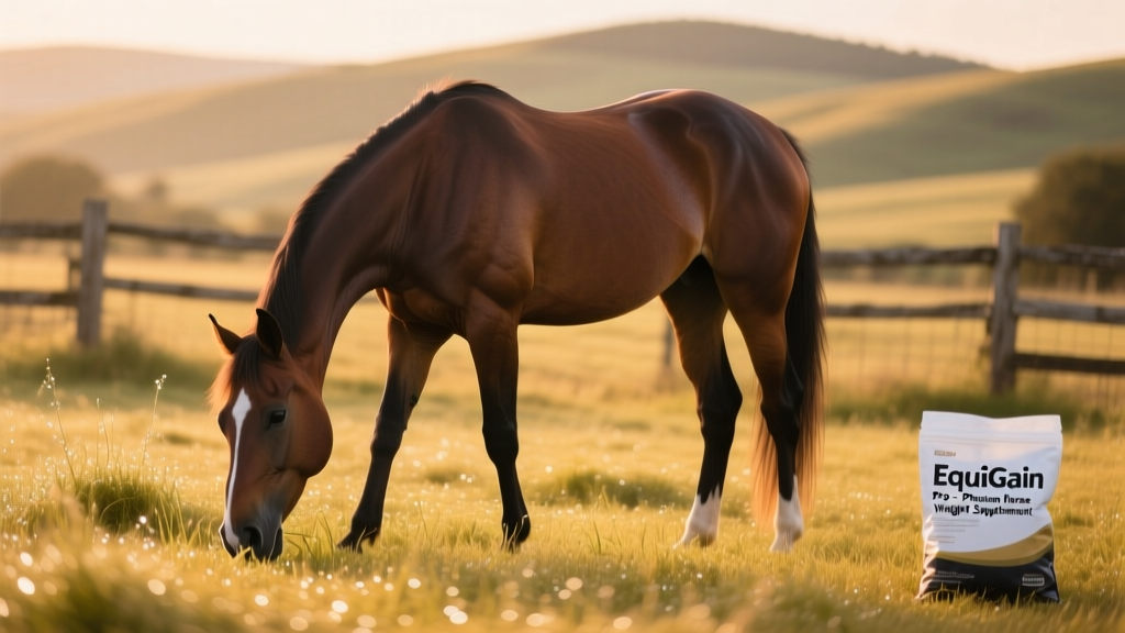 A healthy, well-conditioned horse grazing peacefully in a sunlit pasture