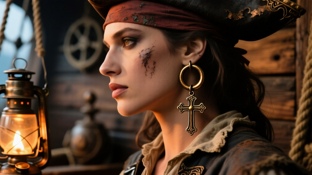 Side profile of a cosplayer wearing an oxidized bronze pirate hoop earring with a dangling cross, lit by warm lantern light.