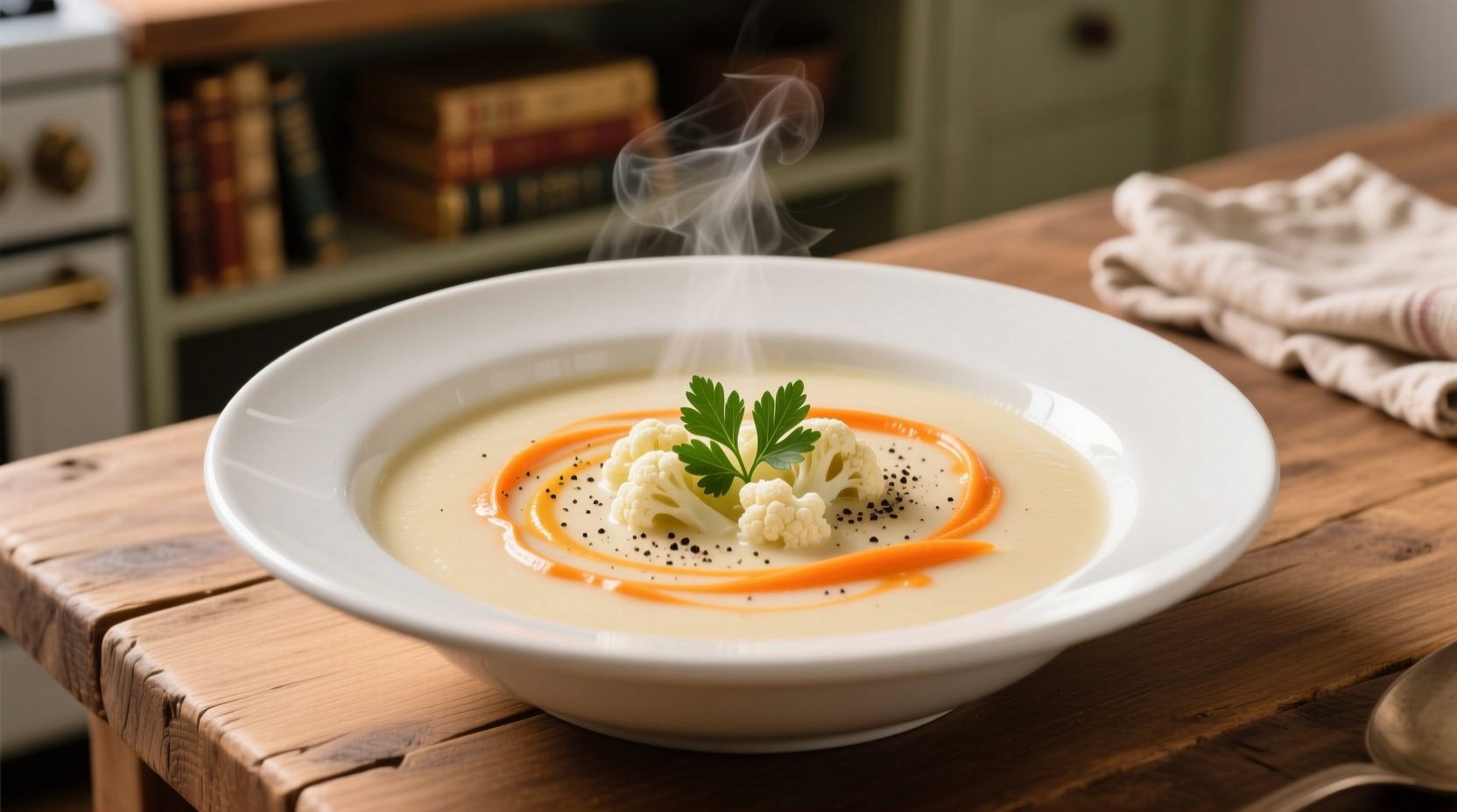 Creamy cauliflower and carrot soup in white bowl