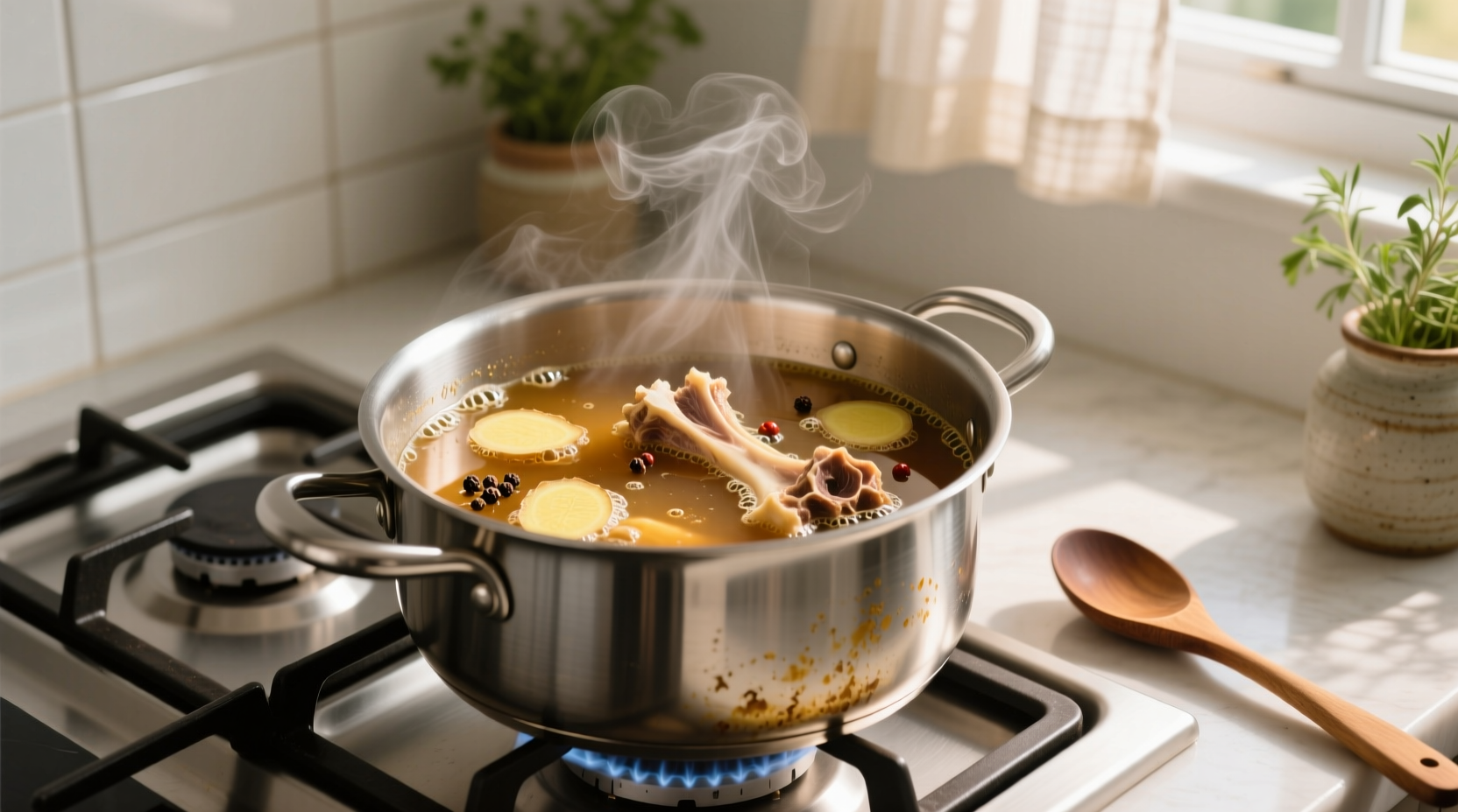 Bone broth simmering in stainless steel pot