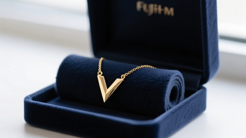 Letter V necklace draped over an anti-tarnish felt roll in a velvet box, preventing the delicate chain from tangling and snagging.
