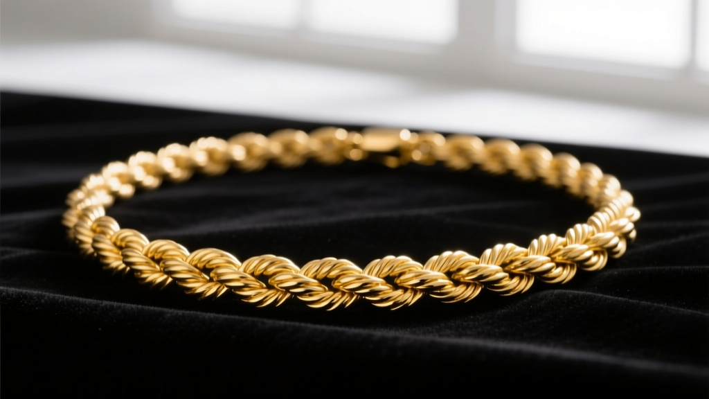 Macro photo of a solid 18k yellow gold Italian rope necklace chain on black velvet, highlighting the intricate woven metal links