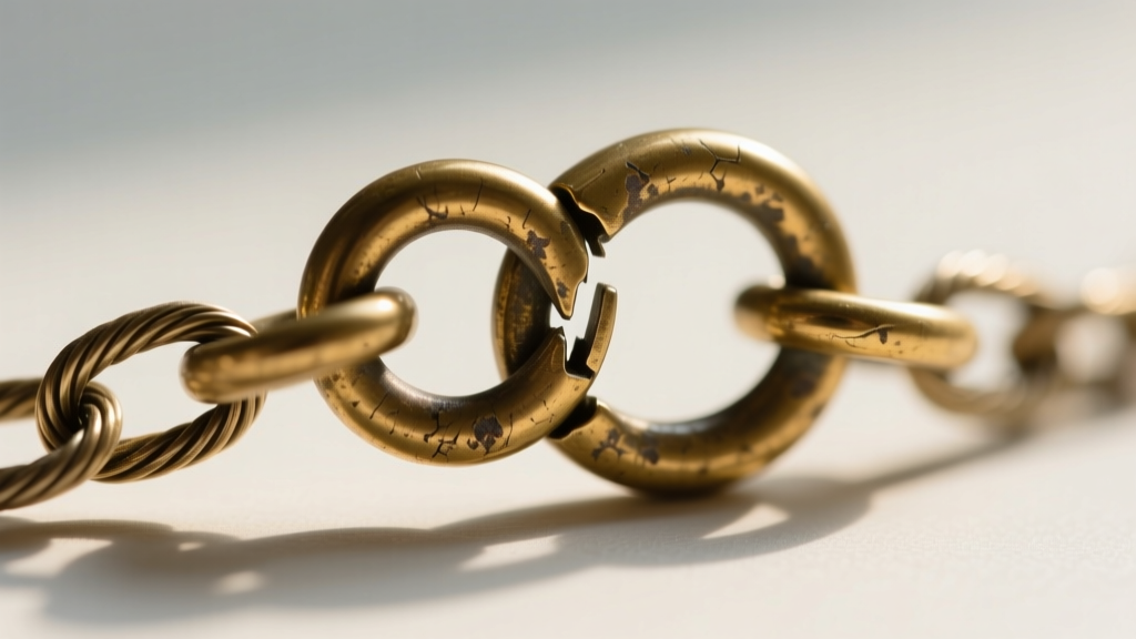 Close-up of stamped brass spring ring clasp failing to close on a thin cable chain, highlighting the mechanical gap and tarnish.