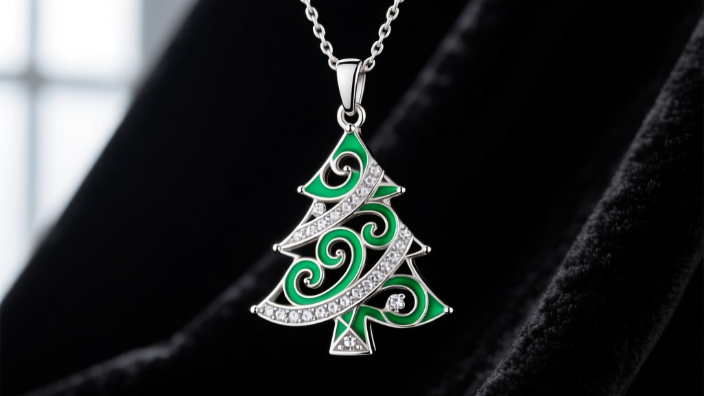 Macro shot of a sterling silver xmas tree necklace pendant with green guilloché enamel and diamond accents on dark velvet