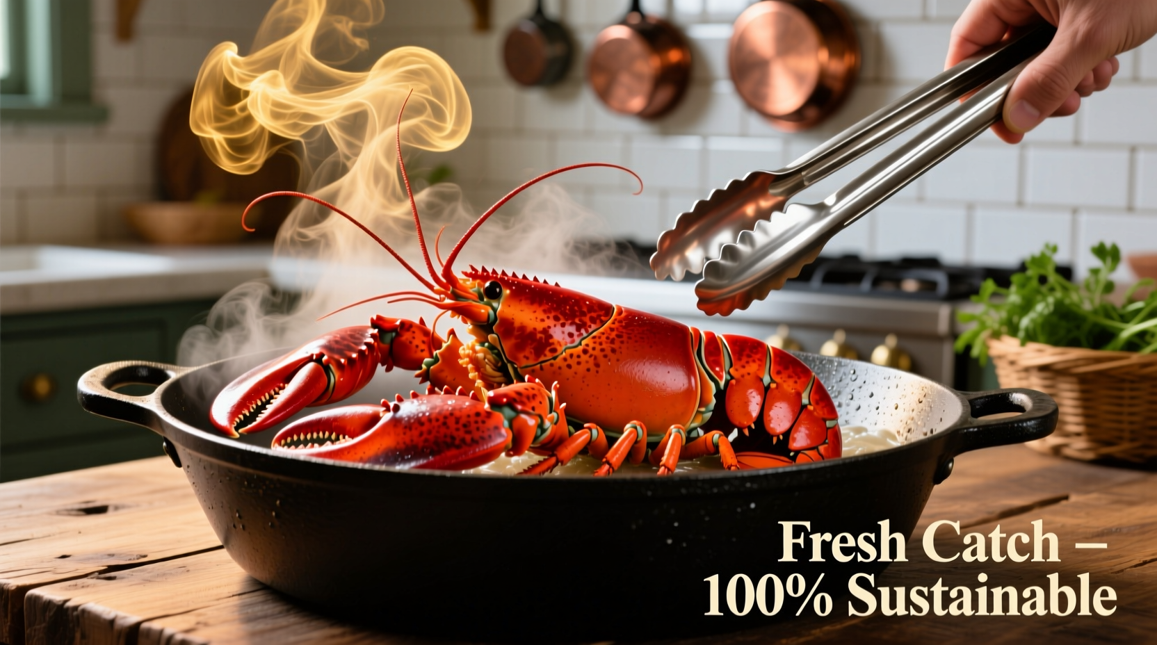 Fresh lobster steaming in large pot with tongs