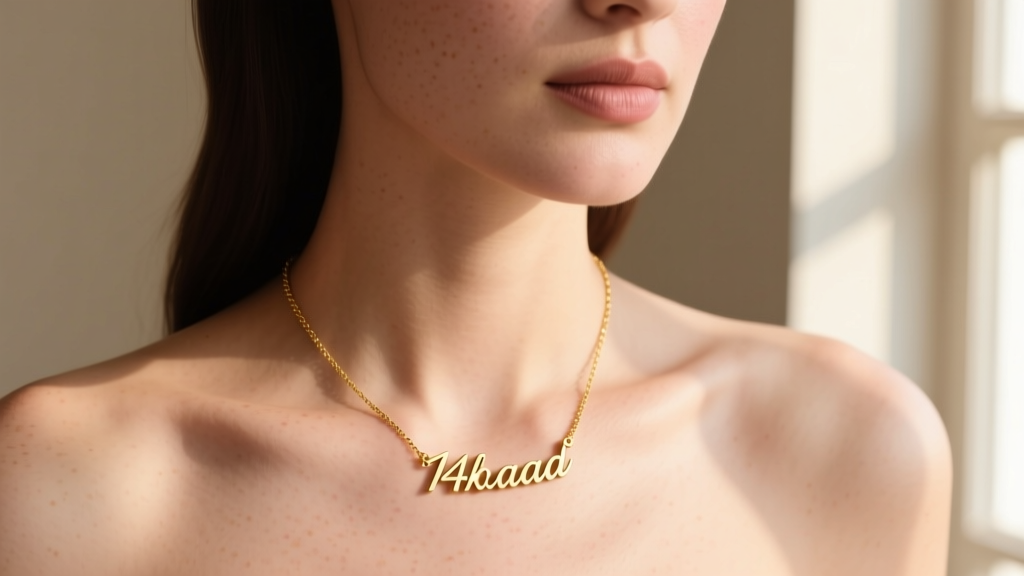 Close-up of a woman wearing a delicate 14k solid gold custom name necklace resting on her collarbone, soft natural window light.