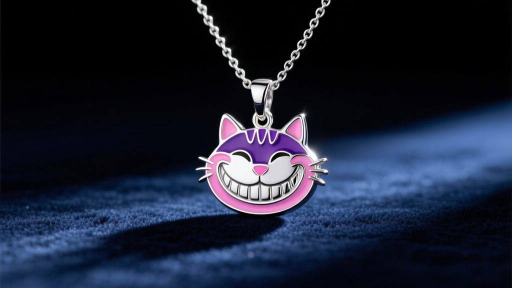 Sterling silver Cheshire Cat pendant necklace with purple and pink cold enamel details, resting on soft dark velvet.