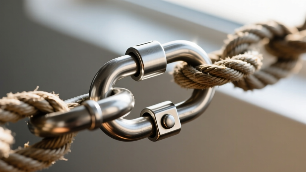 Macro shot of a heavy-duty stainless steel lobster clasp attached to a thick rope chain, highlighting the secure locking mechanism