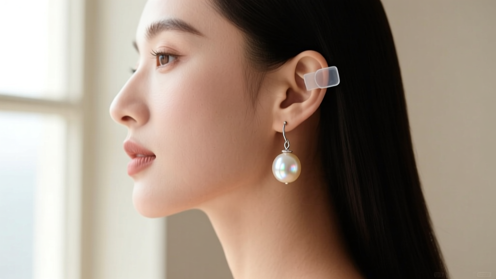 Side profile of a woman wearing a 16mm South Sea pearl drop earring supported by a clear silicone earlobe patch and 18-gauge wire.
