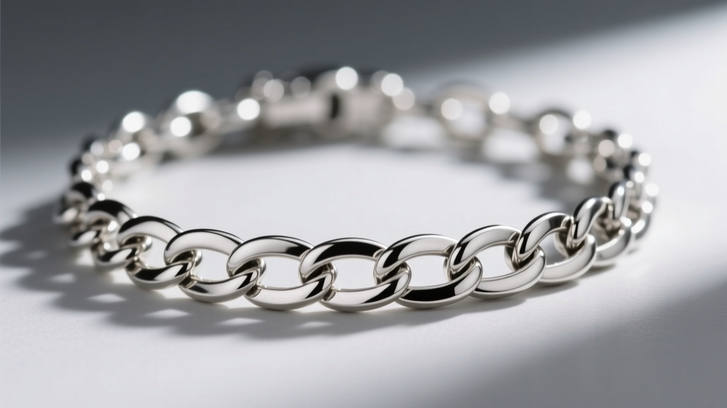 Macro shot of a sterling silver S-link chain necklace showing precise interlocking joints and high-polish finish on neutral gray