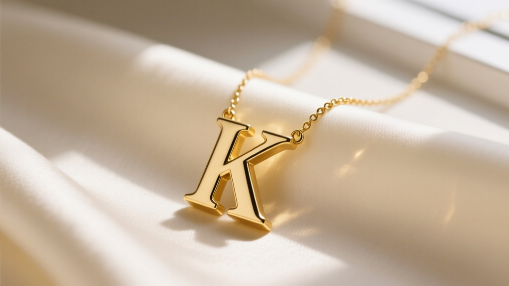 Flat lay of a 14k yellow gold letter K necklace on cream silk, soft natural light highlighting the polished edges of the initial pendant.