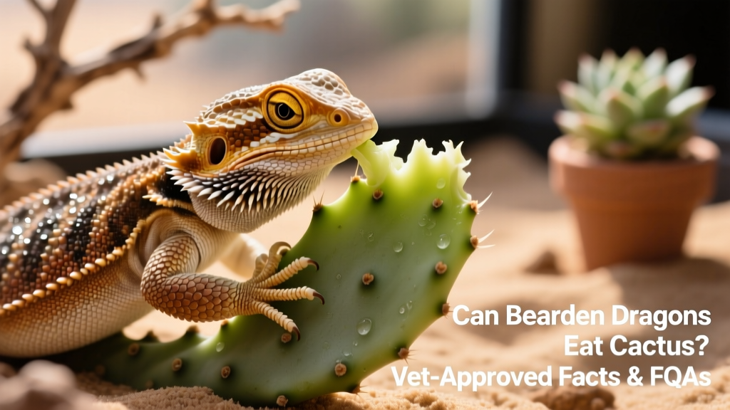 Close-up of a bearded dragon gently nibbling on a piece of peeled prickly pear cactus pad