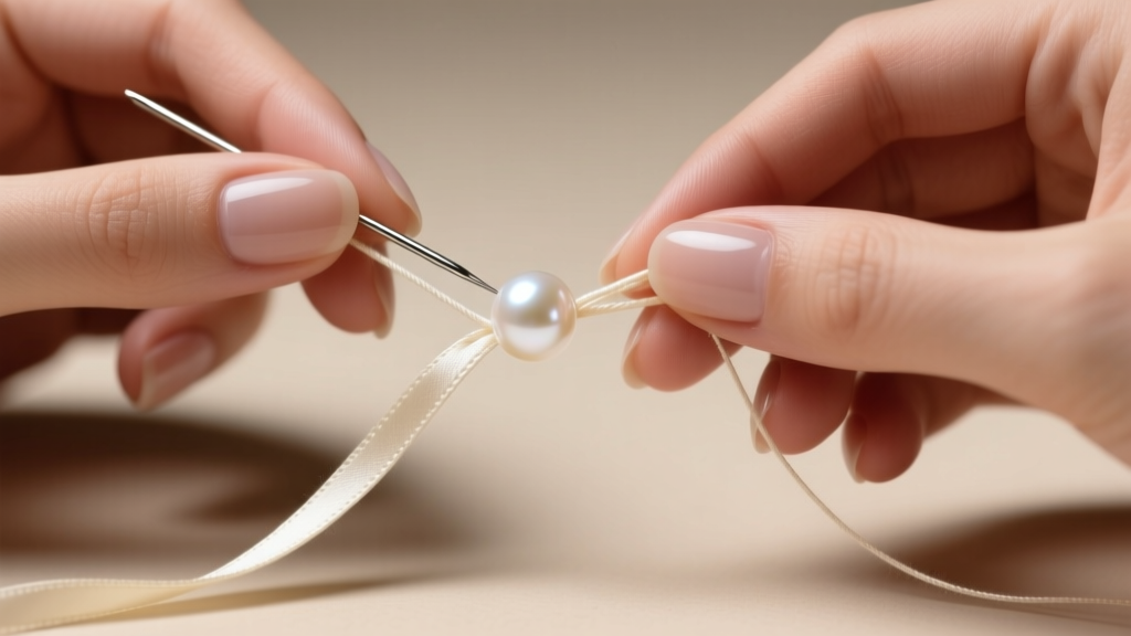 Close-up of hands threading a lustrous white freshwater pearl onto a fine beige silk cord with a needle, soft studio lighting.