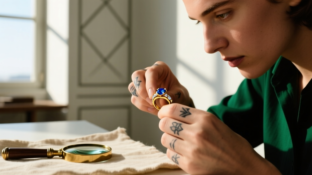 Jeweler's loupe inspecting the lobster clasp and split jump ring of a silver chain, showing the gap where the metal ring parted.
