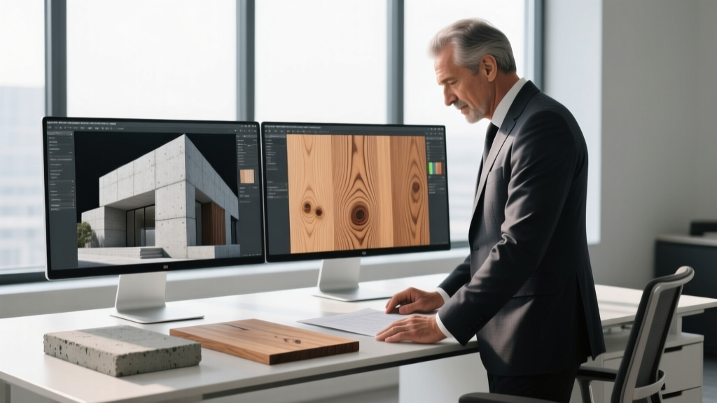 Architect reviewing high-resolution 3D rendered building materials images on a dual-monitor setup, comparing PBR texture maps of concrete and timber against physical samples