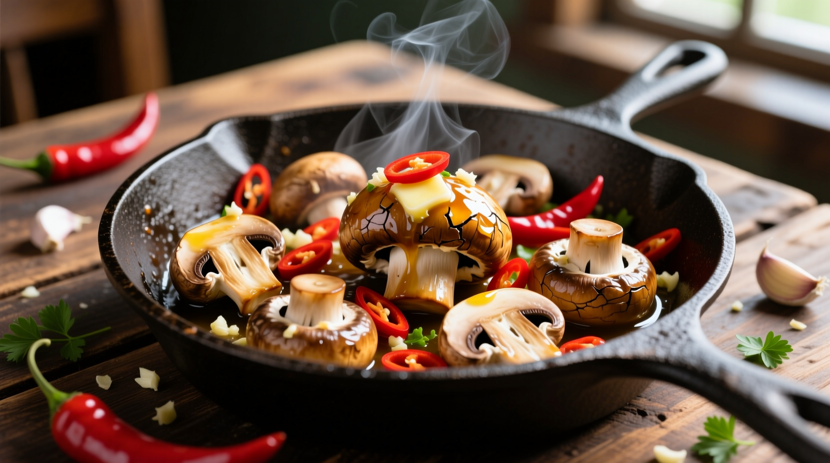 Sizzling garlic butter mushrooms with red chilis in cast iron skillet
