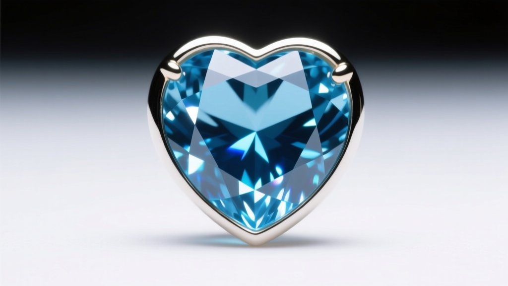 Macro shot of a heart-shaped aquamarine gem in a white gold bezel showing deep blue tones under bright studio lighting setup.
