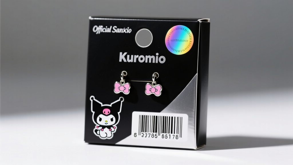 Close-up of official Sanrio Kuromi earring packaging, highlighting the holographic authenticity sticker and barcode details.