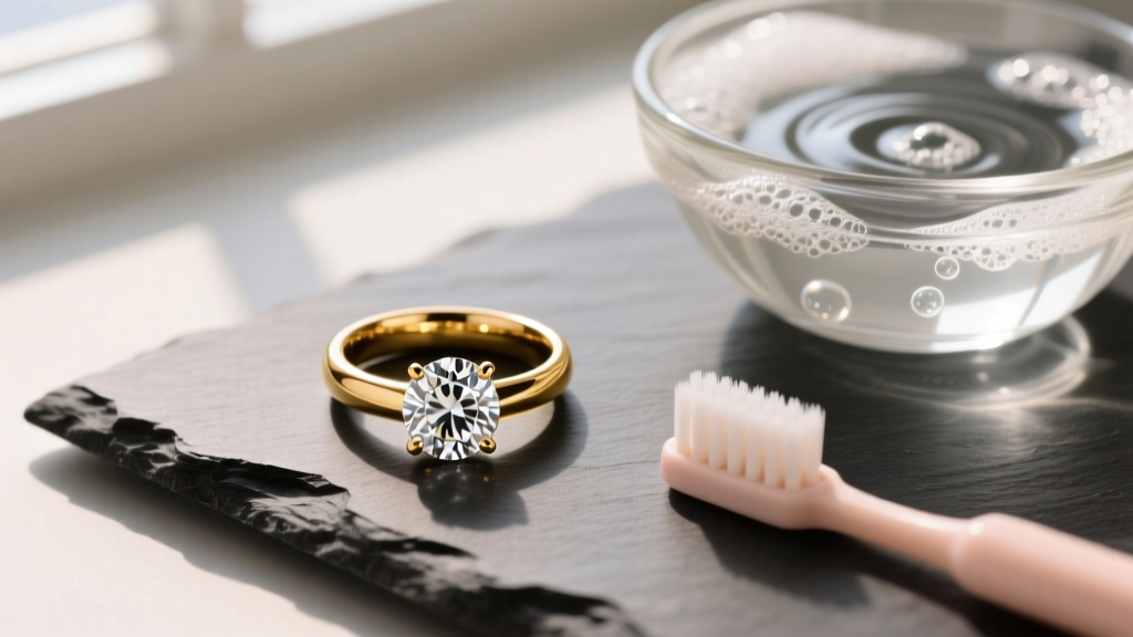 Top-down view of a 14k gold bezel diamond ring on slate next to a glass bowl of soapy water and a soft baby toothbrush