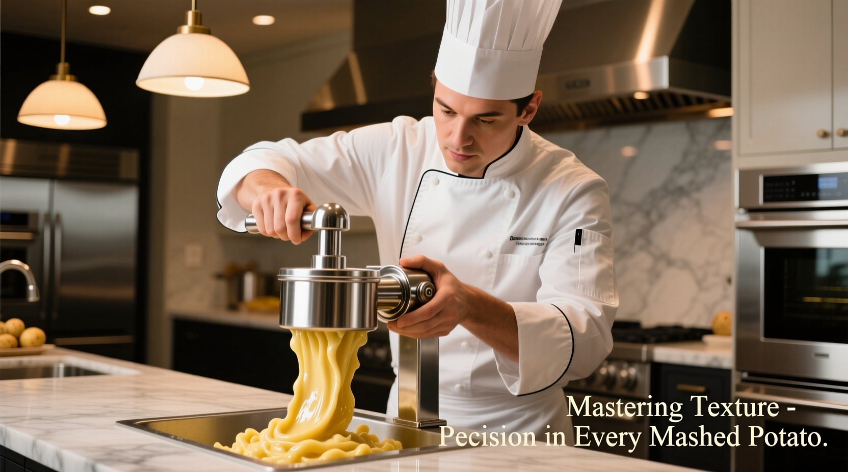 Professional chef using stainless steel potato ricer