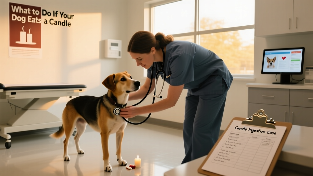Veterinarian examining a dog in a clinic setting, with a stethoscope and chart visible