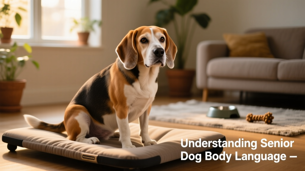 Senior beagle sitting slightly hunched on a supportive orthopedic bed, looking calm but with visible stiffness in the hindquarters