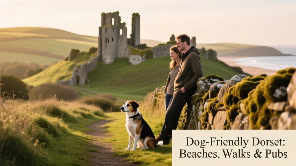 A weathered stone ruin of Corfe Castle surrounded by green hills, with a dog sitting calmly beside its owner on a grassy path
