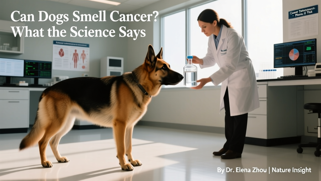 A trained detection dog calmly sniffing a sample vial under supervision in a clinical research setting
