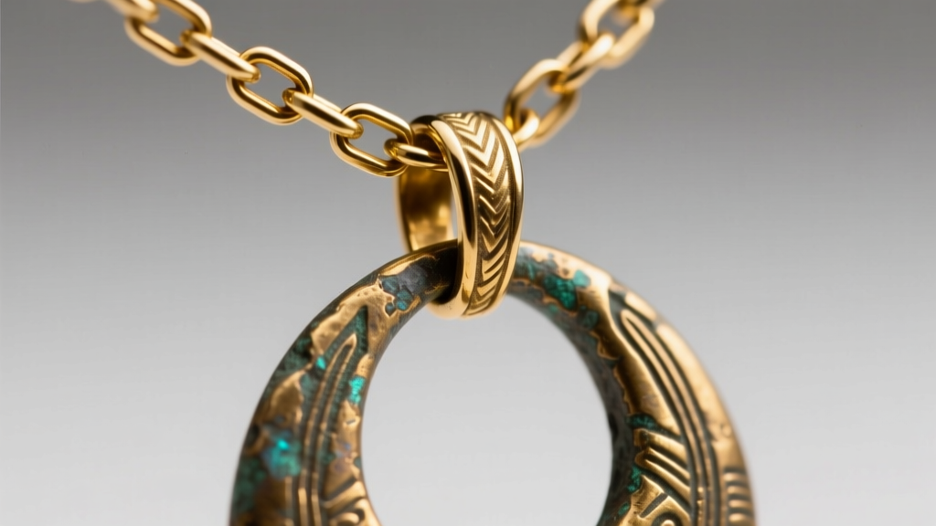 Macro shot of 1.2mm 14k gold rolo chain threading through the bail of a textured bronze-age inspired lunula pendant, sharp focus.