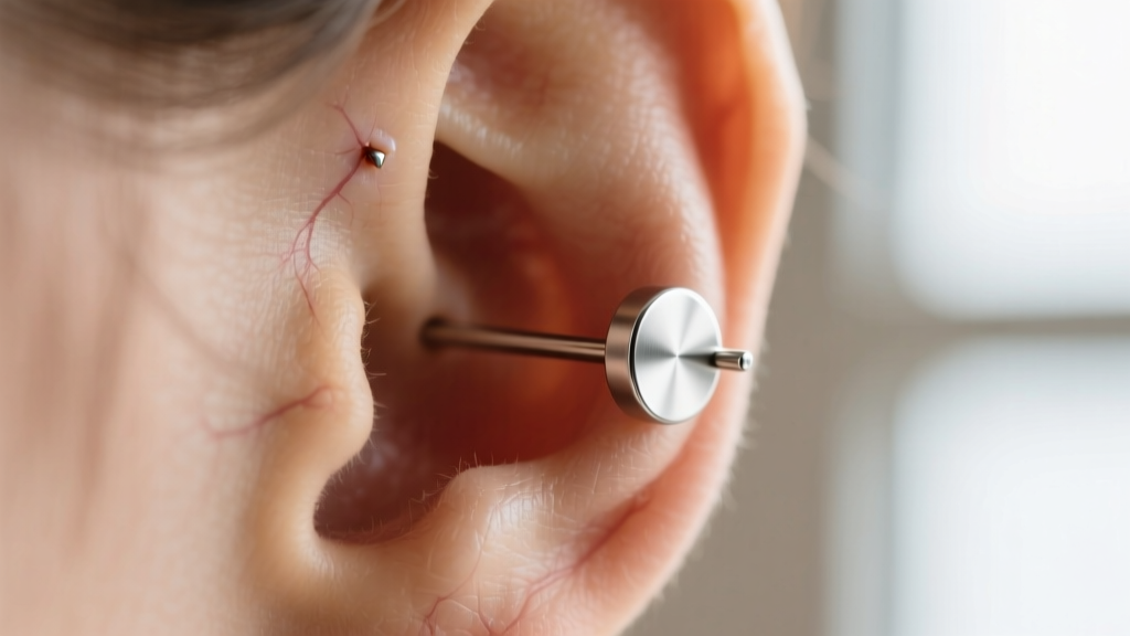 Close-up of a 16-gauge titanium flat-back earring in a healed helix piercing, highlighting the flush fit against the cartilage.