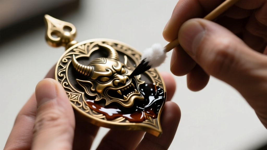 Hands applying dark liver of sulfur patina with a cotton swab to the recessed grooves of a cast brass demon-killing amulet replica
