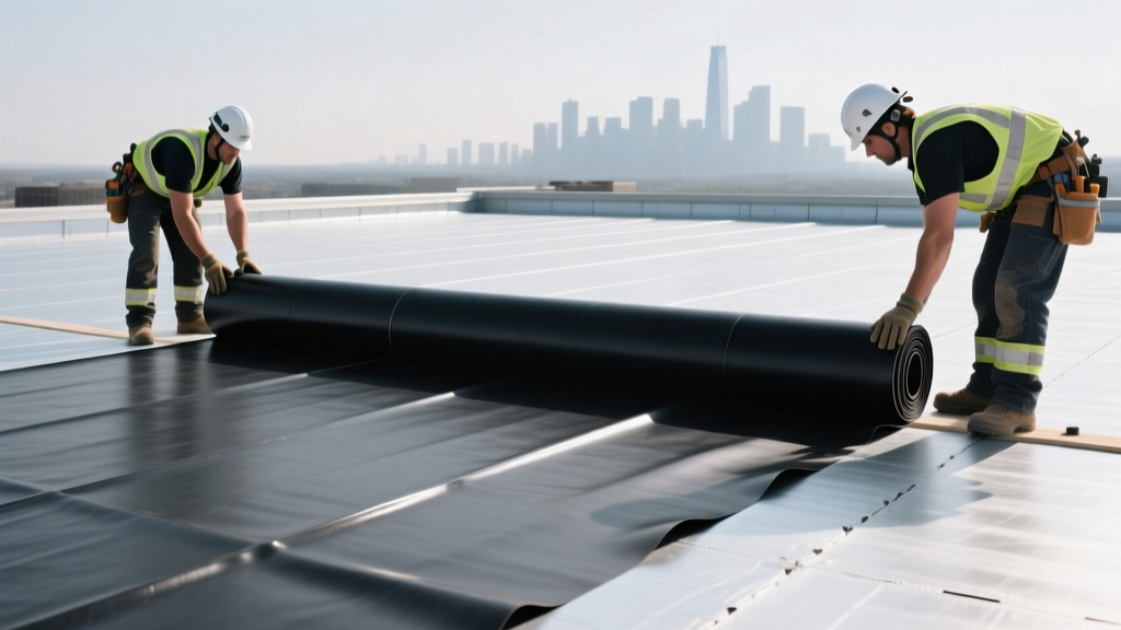 Commercial flat roof installation showing a large roll of black 60-mil EPDM roofing material unrolled over insulated polyiso decking by roofers