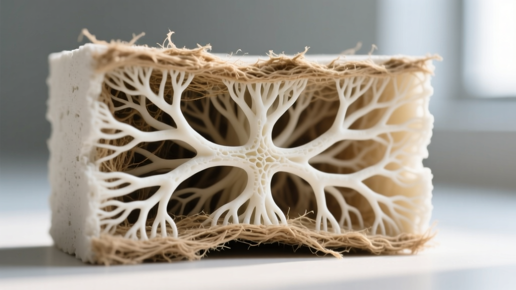 Close-up of a cross-section of mycelium bio-brick revealing dense white cellular protein networks binding hemp hurds for eco-construction