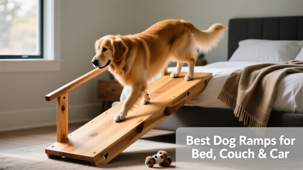 Handcrafted maple dog ramp with side rails positioned beside a modern bed